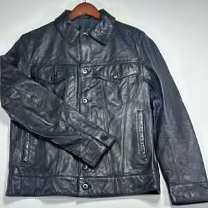 ZARA Genuine Leather Moto Jacket Black Mens Medium Slim Fit Euro Style